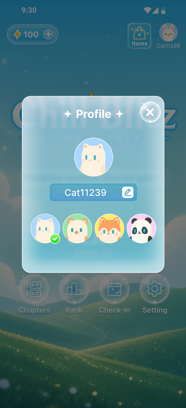 Profile screen with selectable animal heroes
